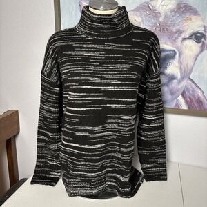 T by Talbots Women's‎ LP Mock Turtleneck Wool Blend Black White Striped Sweater